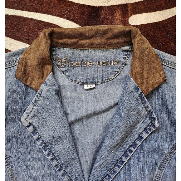 Vintage Y2K 90s BEBE Denim Jacket Fitted Elbow Patches Sz S - Picture 3 of 5
